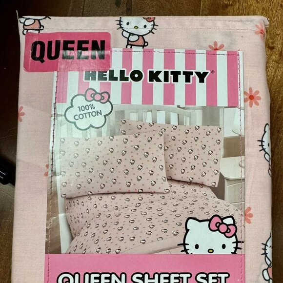 Hello Kitty Sanrio QUEEN Size Sheet SetPink Bows & Hearts 100% cotton